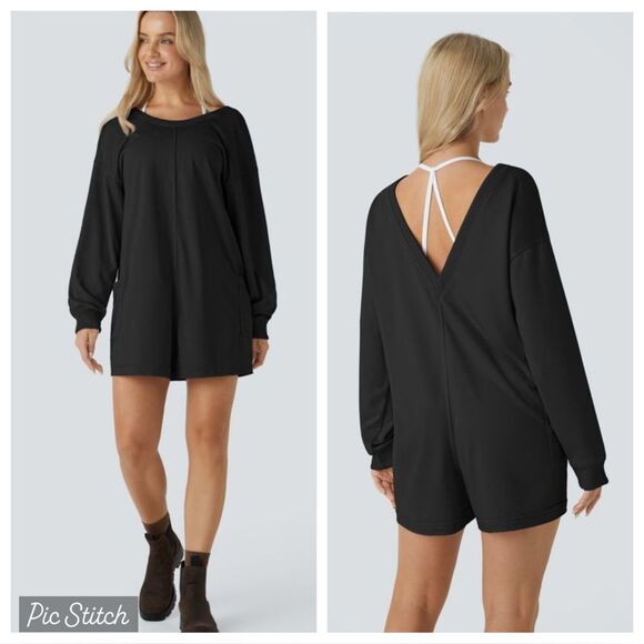 Long Sleeve Backless Side Pocket Casual Romper-Front and Back Wearable NWT L - Picture 3 of 15